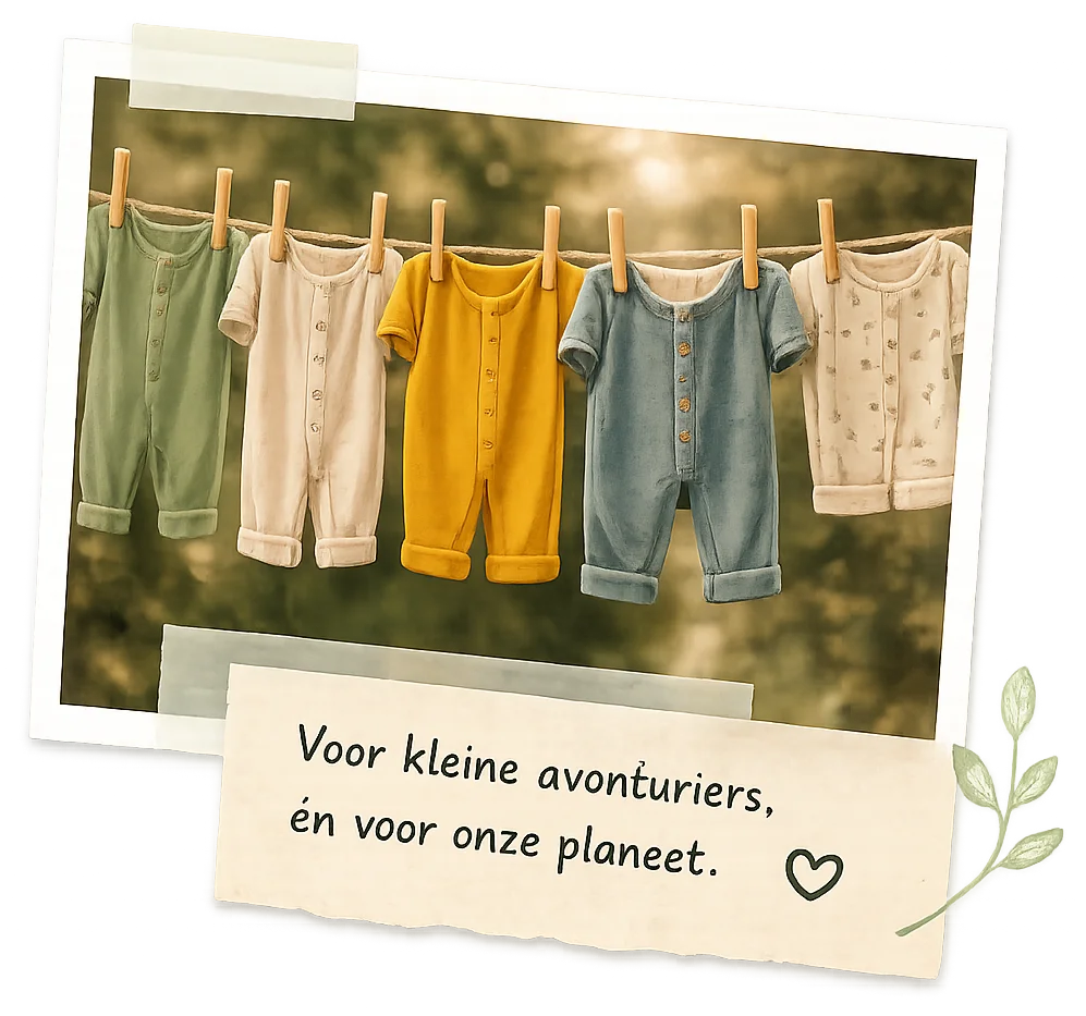 Kinderkleding aan een waslijn met notitie voor kleine avonturiers en onze planeet