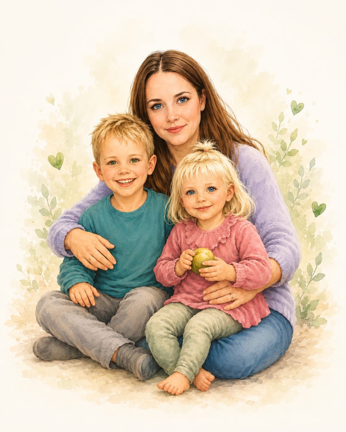 Waterverfillustratie van Ayla met haar twee kinderen