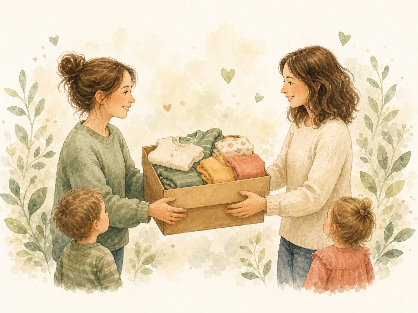 Waterverfillustratie van twee ouders die een doos kinderkleding aan elkaar doorgeven
